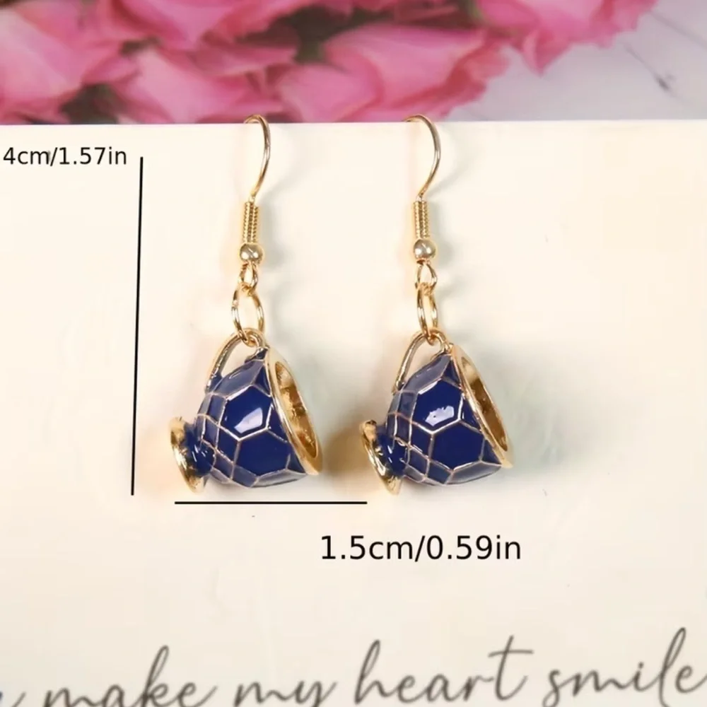 NEW Elegant Blue and Gold Cup Earrings. gift. Unique Earrings ☕️ 💙 A7-227